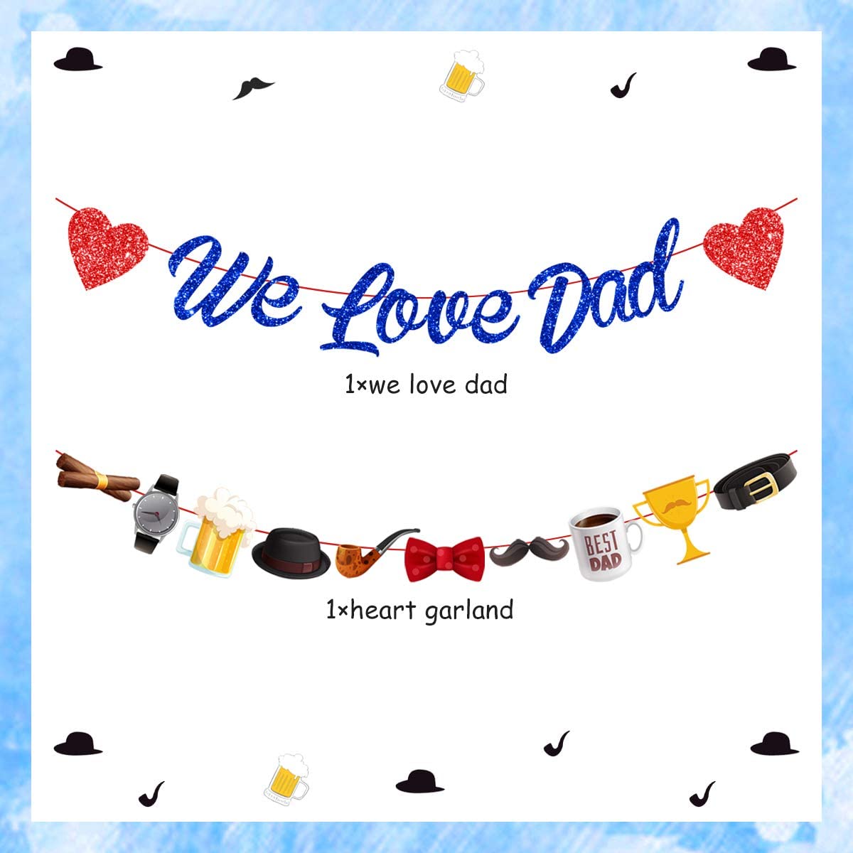 Father's Day Party Decorations Love Dad Banner Blue Glitter Best Ever Father’s Supplies 