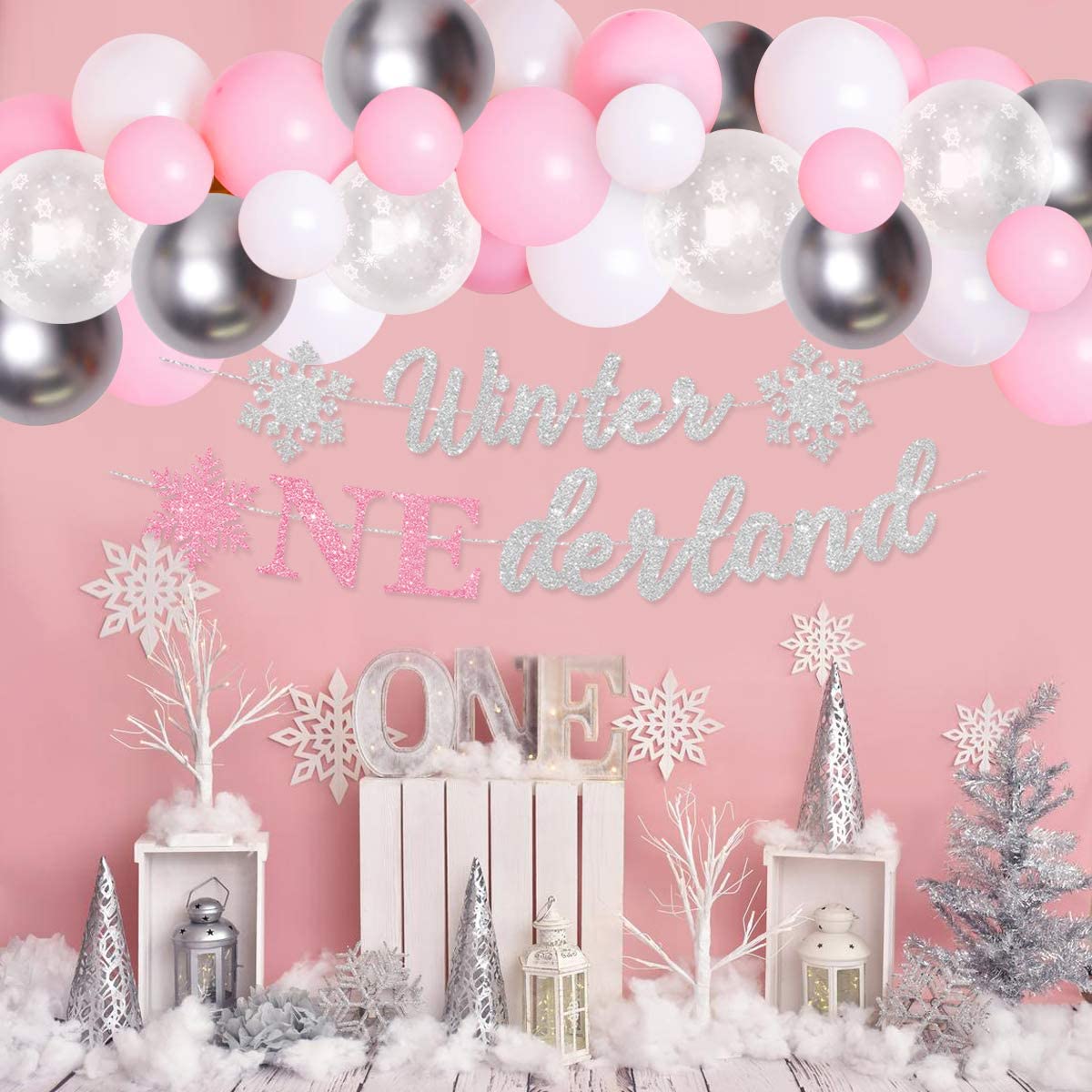 Winter Theme Party Decorations Pink Sliver Snowflake Balloon Set Photo Banner Girl st Birthday Supplies 