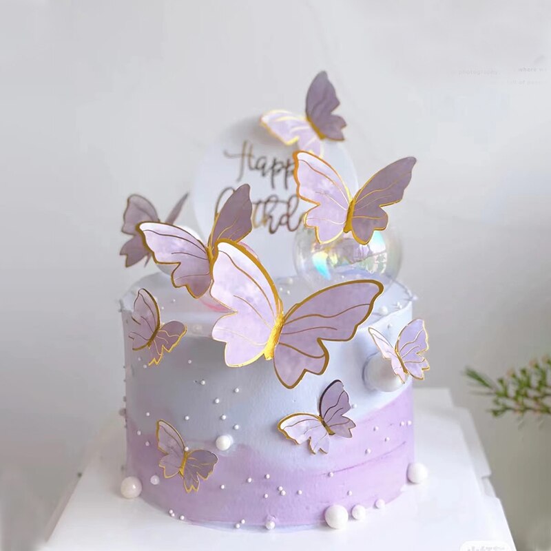 Set Gold Butterfly Cake Topper Decoration Happy Birthday Girl Wedding Bride Dessert Decor Baby Shower Supplies Gifts 