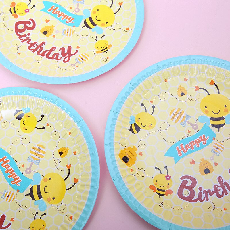 Flower Butterfly Bee Print Disposable Tableware Party Supplies Children's Birthday Paper Plate Cup Set Cake 