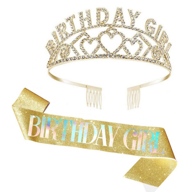 Girls Happy Birthday Party Gifts Birthday Girl Rhinestone Diamond Crown Shoulder Strap Glitter Etiquette Strap Set PartyDecorHQ