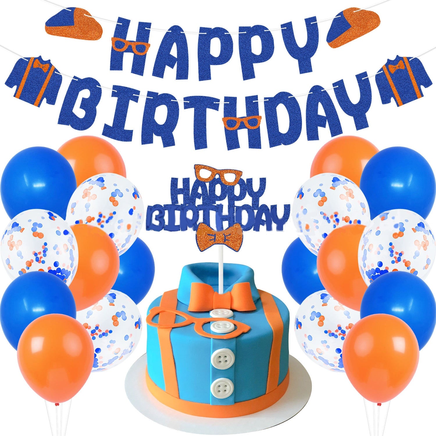 Orange Blue Confetti Latex Balloon Set Happy Birthday Banner Cake Topper Kids Party Decoration Supplies 