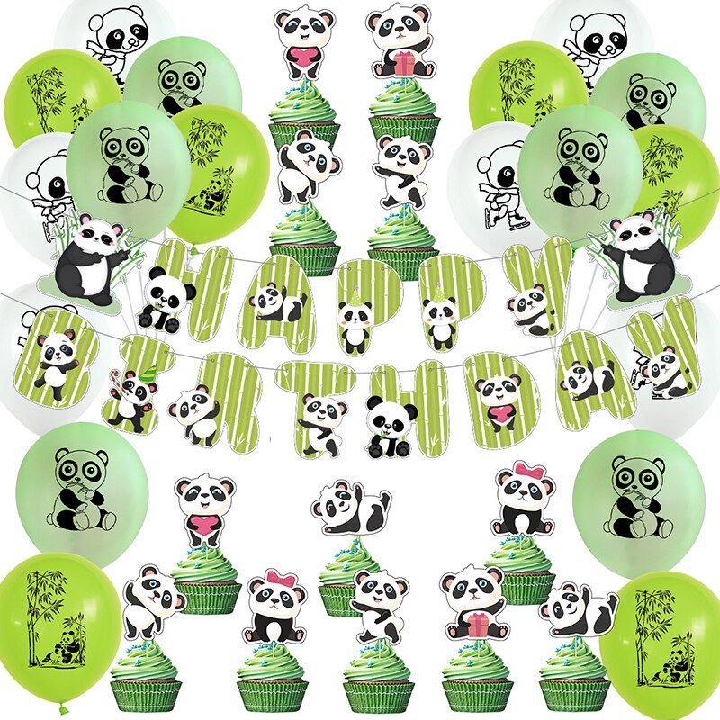 Panda Themed Birthday Party Decorations Green Balloons Set Happy Birthday Banner Cake Topper for Kids Party Supplies PartyDecorHQ