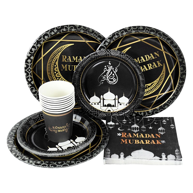 Eid Mubarak Disposable Tableware Gold Black Paper Plate Cup Napkin Ramadan Decoration Islamic Muslim Party Supplies 