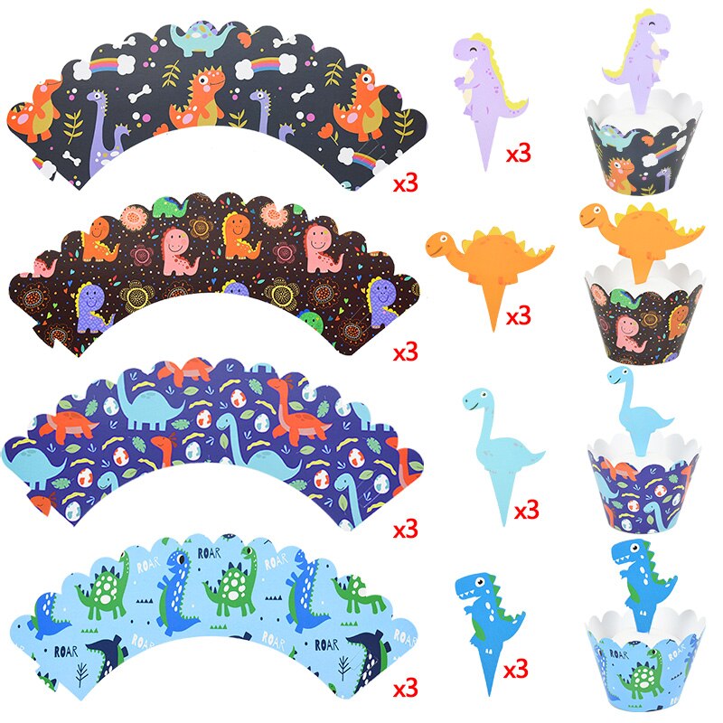 pcs Birthday Dinosaur Party Cupcake Toppers Wrapper Cartoon Animal Cake Decor Baby Shower Kids Favors Flag 