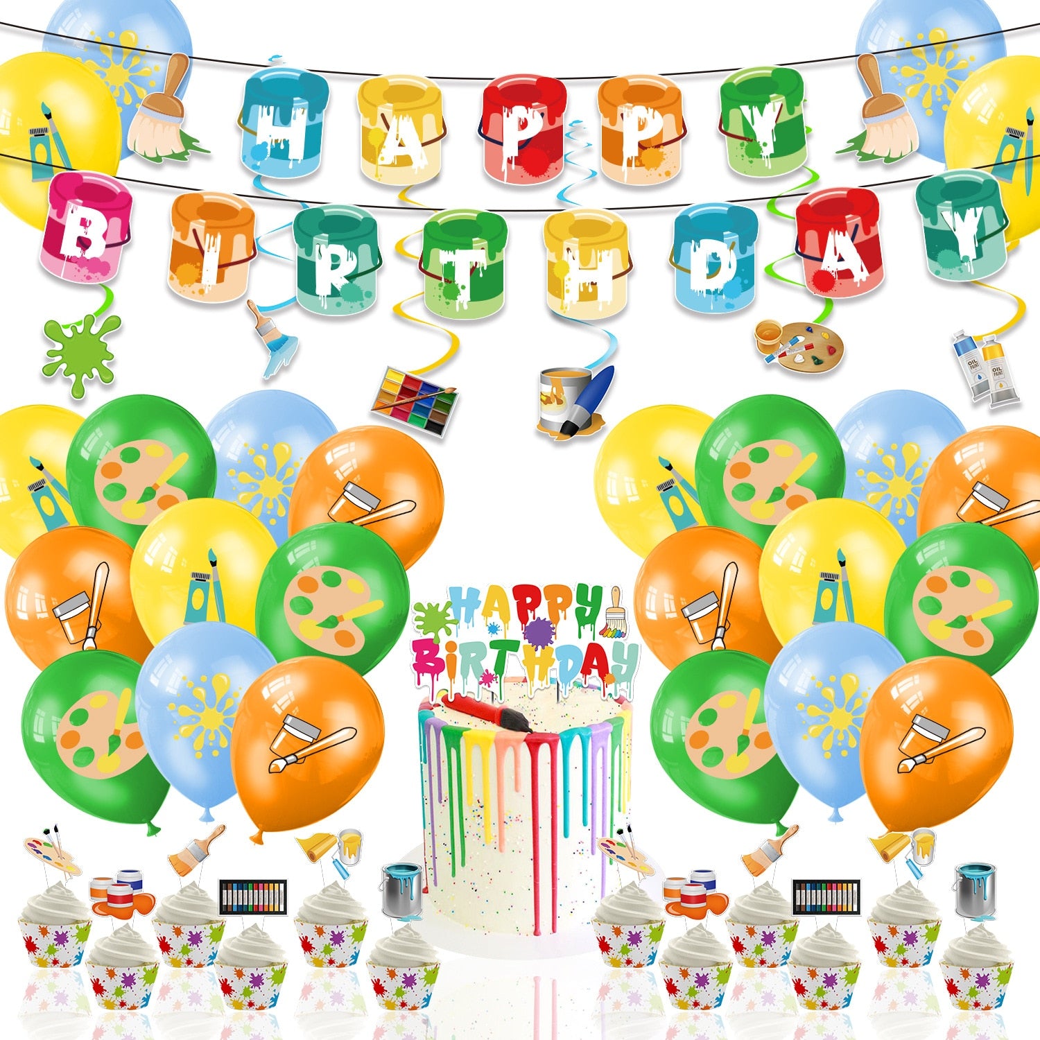 Art Painting Theme Birthday Party Decoration Balloon Set Banner Hanging Spiral Cake Topper Children Supplies 