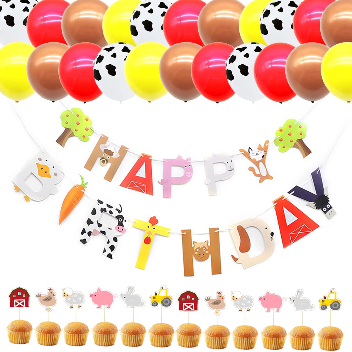 Farm Theme Latex Balloon Set Cartoon Banner Cow Chicken Pig Cake Toppers Baby Shower Birthday Party Decorations 