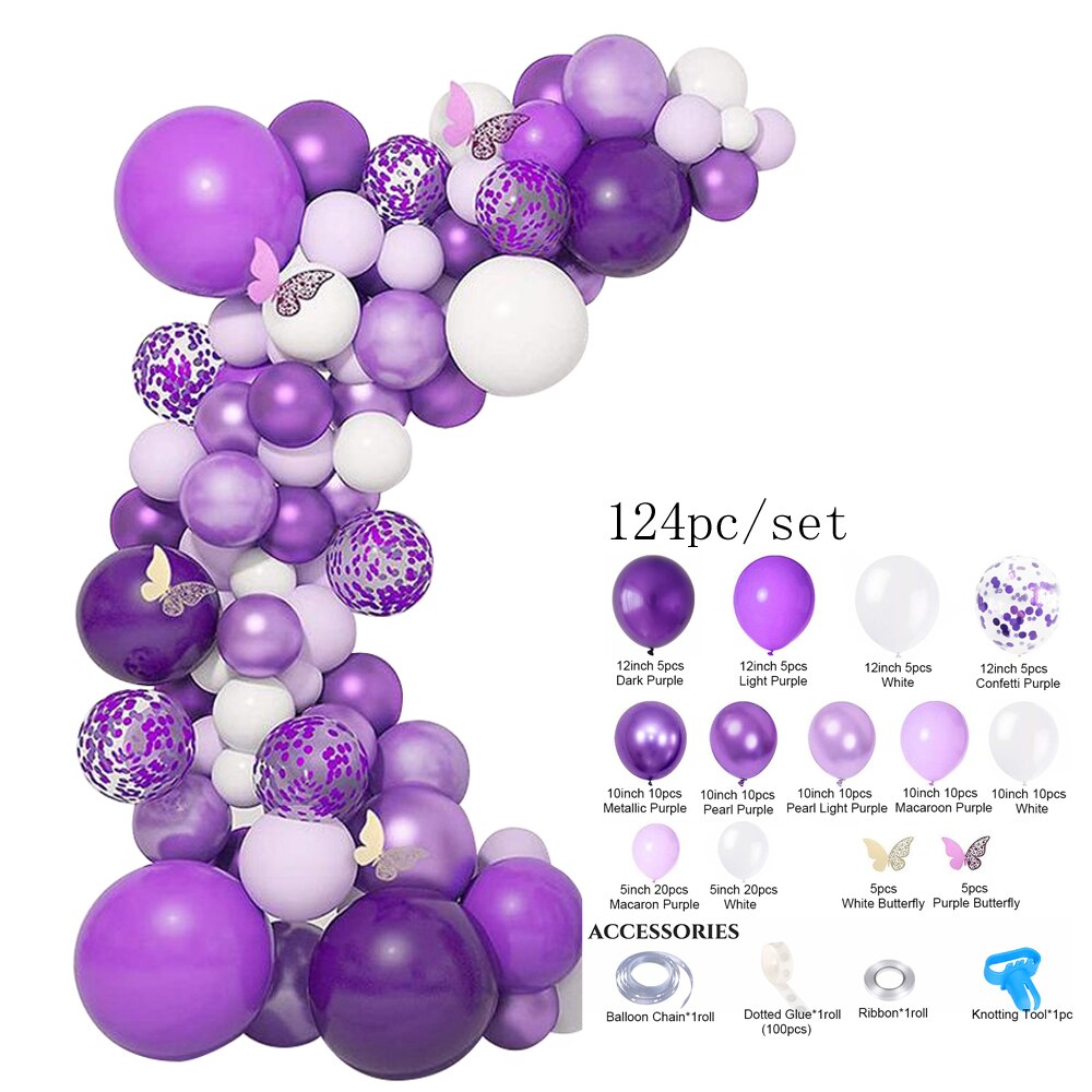 124pcs Wedding Balloons Garland Arch Kit White Purple Balloon Anniversary Gifts Birthday Party Decoration Festive Globes PartyDecorHQ