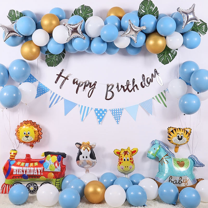 Happy Zoo Theme Party Decoration Balloon Garland Arch Set Blue Banner Kids Birthday Baby Shower Supplies Inflatable Decorations