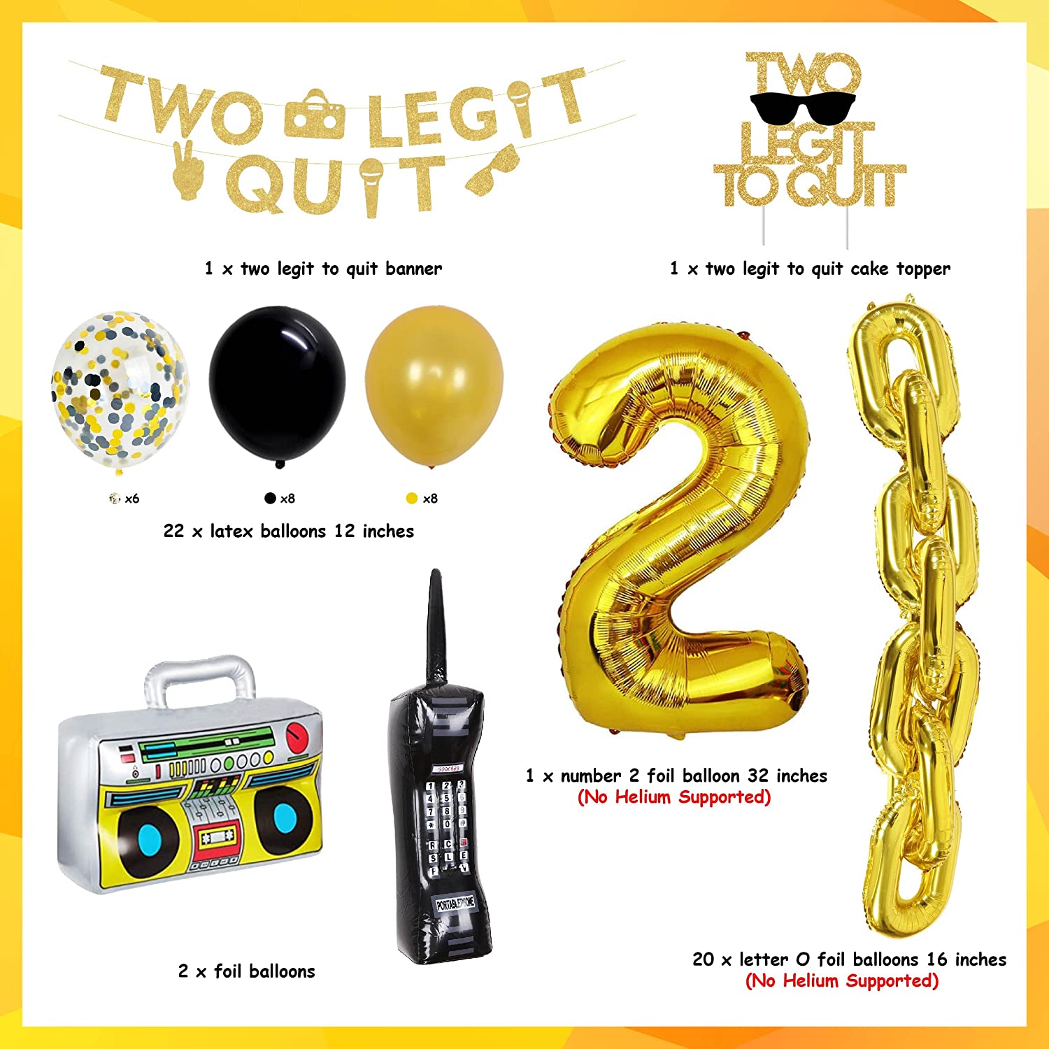 Two Legit Quit Party Decorations Banner Cake Topper Gold Chain Balloon Boys Hip Hop nd Birthday Supplies 