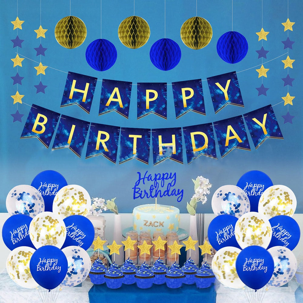 Starry Sky Theme Latex Balloon Arch Kit Banner Star Cake Toppers Paper Flower Ball Boy Birthday Party Decoration 