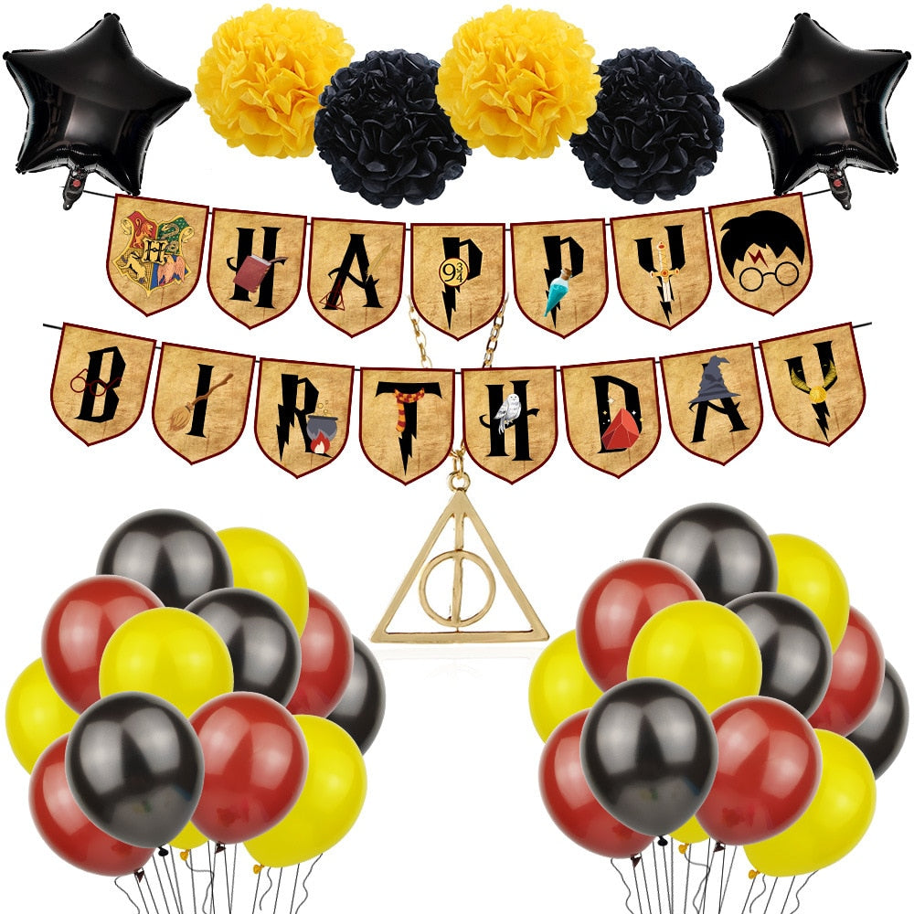 Magic Theme Party Decoration Yellow Black Balloon Paper Flower Ball Banner Star Pendant birthday supplies 