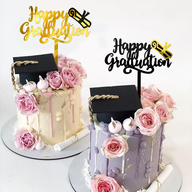 3pcs Happy Graduation Acrylic Cake Toppers Gold Black Congrats Grad Cake Topper for Class of 2022 College Celebrate Party Decor PartyDecorHQ