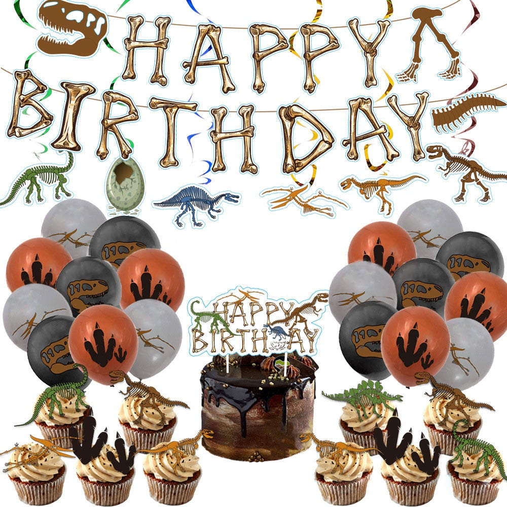 Ancient Dinosaur Fossil Themed Latex Balloons Set Paper Banner Cake Topper Spiral Ornament Birthday Party Decoration 