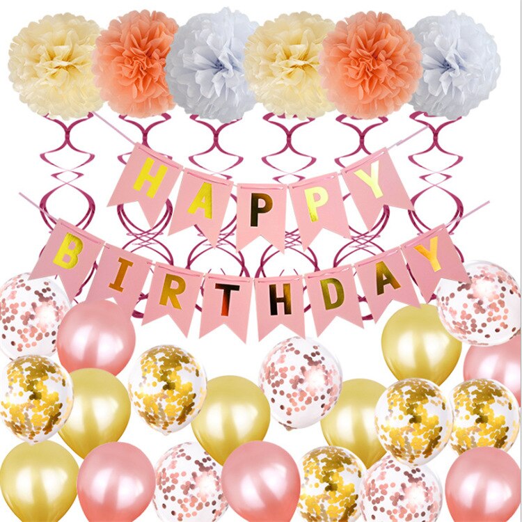 Pink Gold Party Balloon Set Happy Birthday Banner Yellow Orange Paper Flower Girls Decoration Supplies 