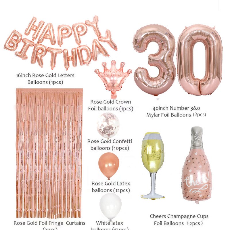 Rose Gold th Birthday Party Decoration Balloon Set Foil Confetti Banner Fringe Curtain 