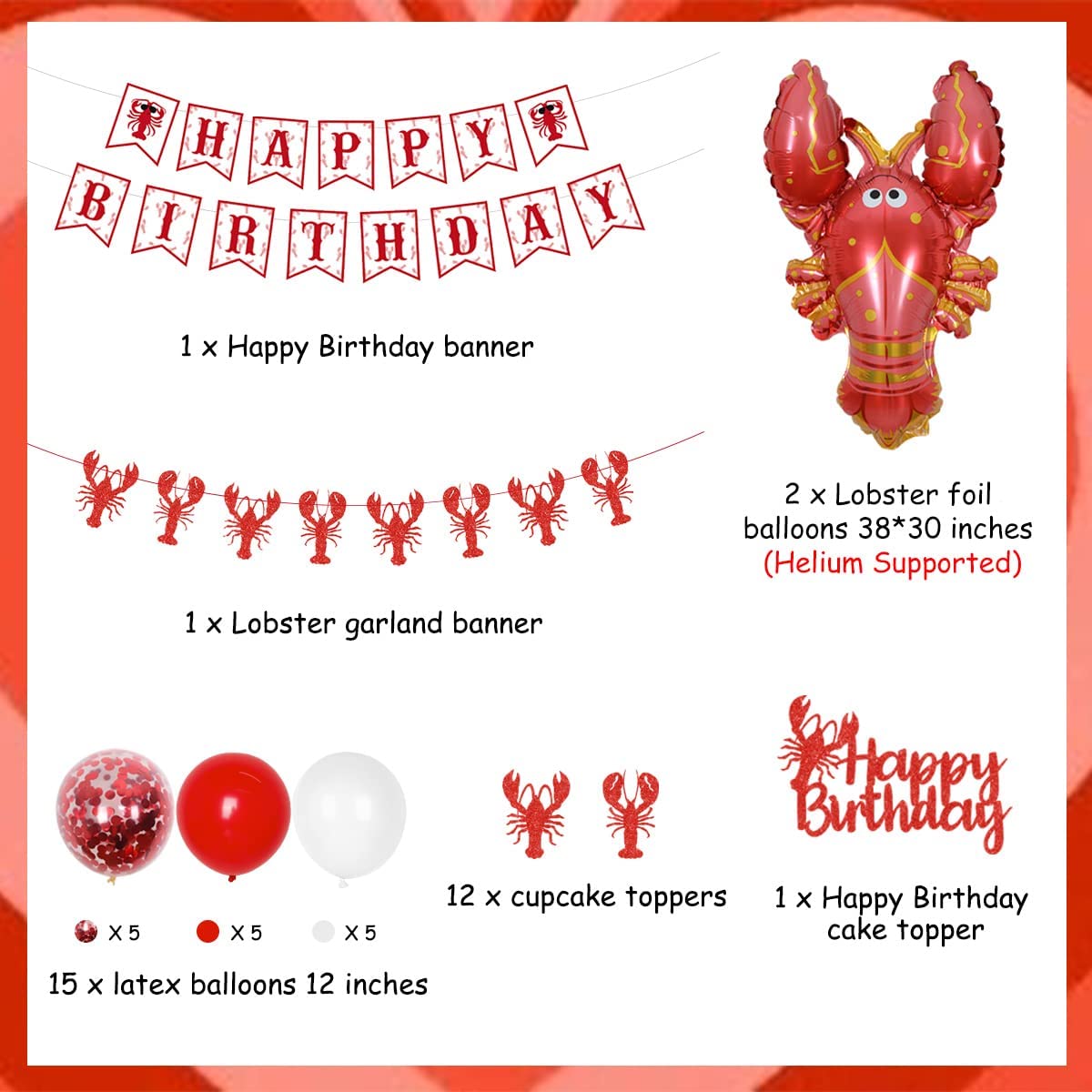 Lobster Crawfish Theme Birthday Party Decoration Balloons Set Banner Cupcake Toppers Summer Picnic BBQ Supplies Inflatable Decorations