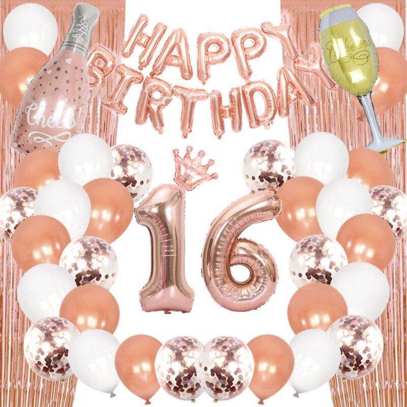 Rose Gold th Birthday Party Decoration Balloon Set Foil Confetti Banner Fringe Curtain 