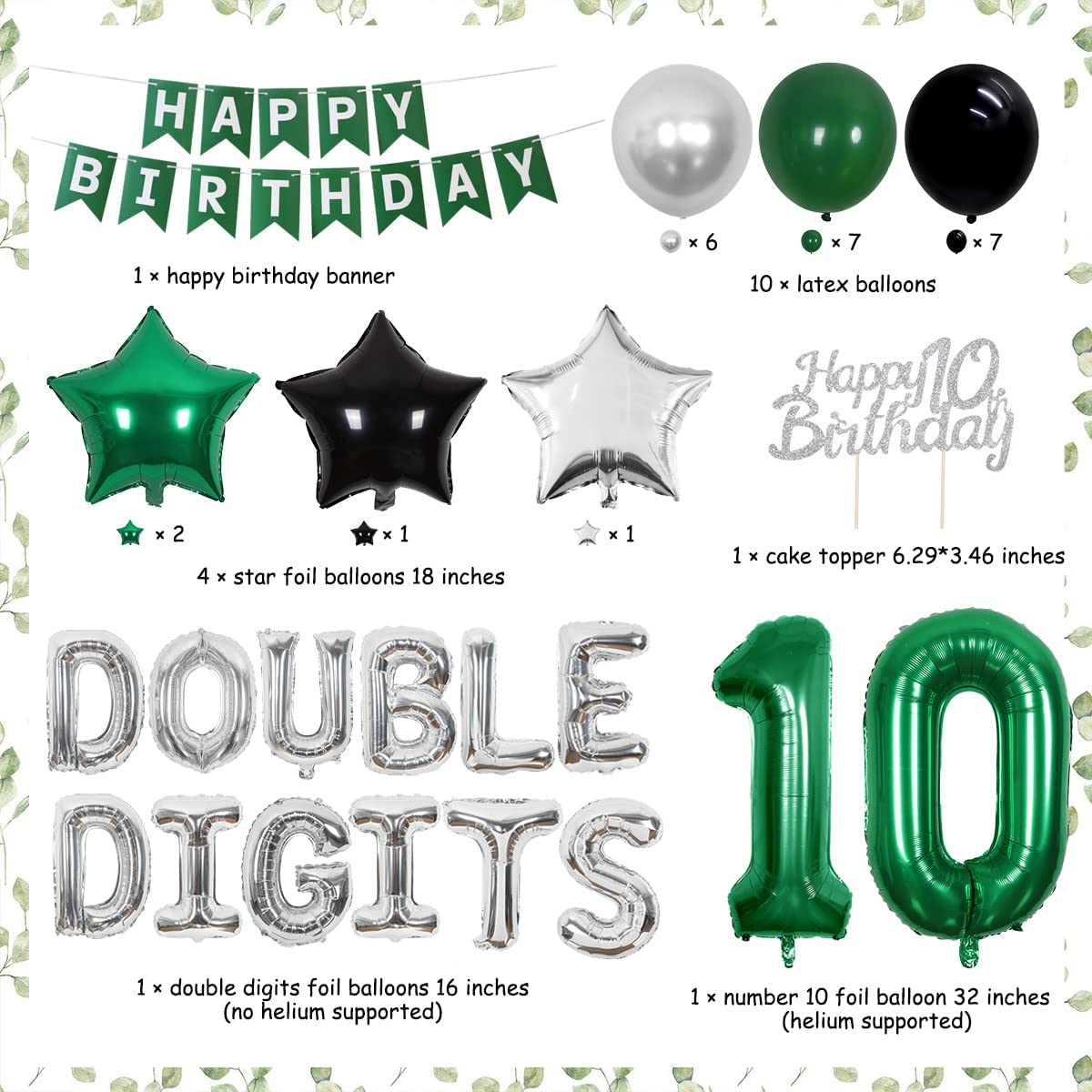 Green th Birthday Party Decorations Double Digits Balloons Banner Cake Topper Year Old Decor 