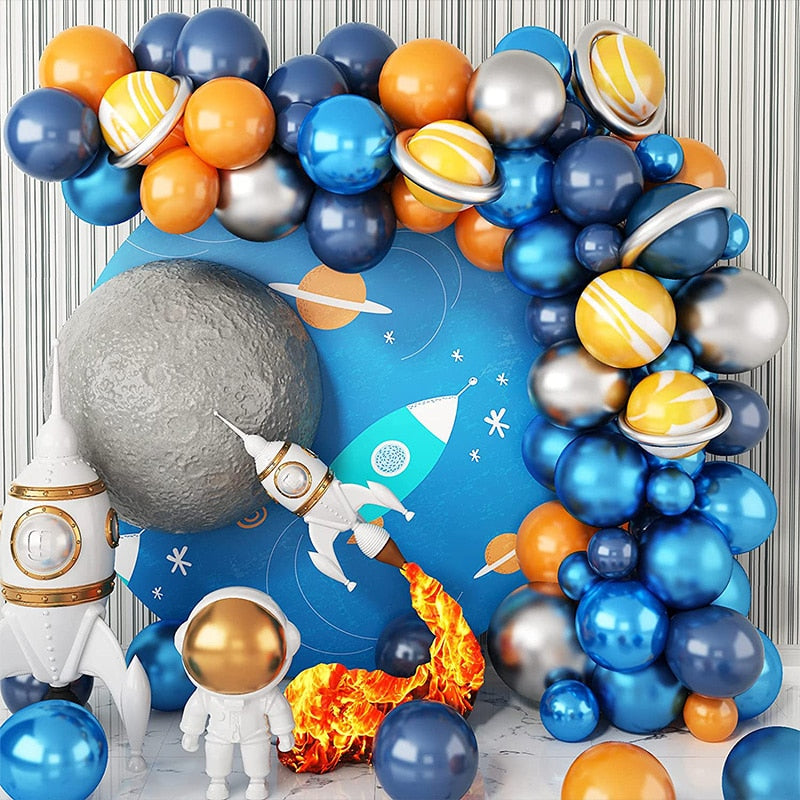 Space Theme Balloon Arch Garland Kit Agate Metallic Blue Silver Latex Ballon Baby Shower Kids Boy Happy Birthday Party Supplies Inflatable Decorations