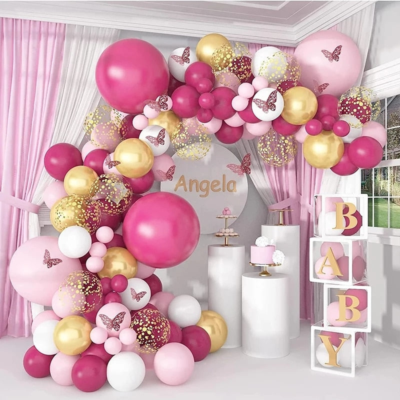 Rose Pink Balloon Garland Arch Kit Confetti Metal Latex Balloons Barbie Theme Party Girl Birthday Shower Wedding Decor Inflatable Decorations