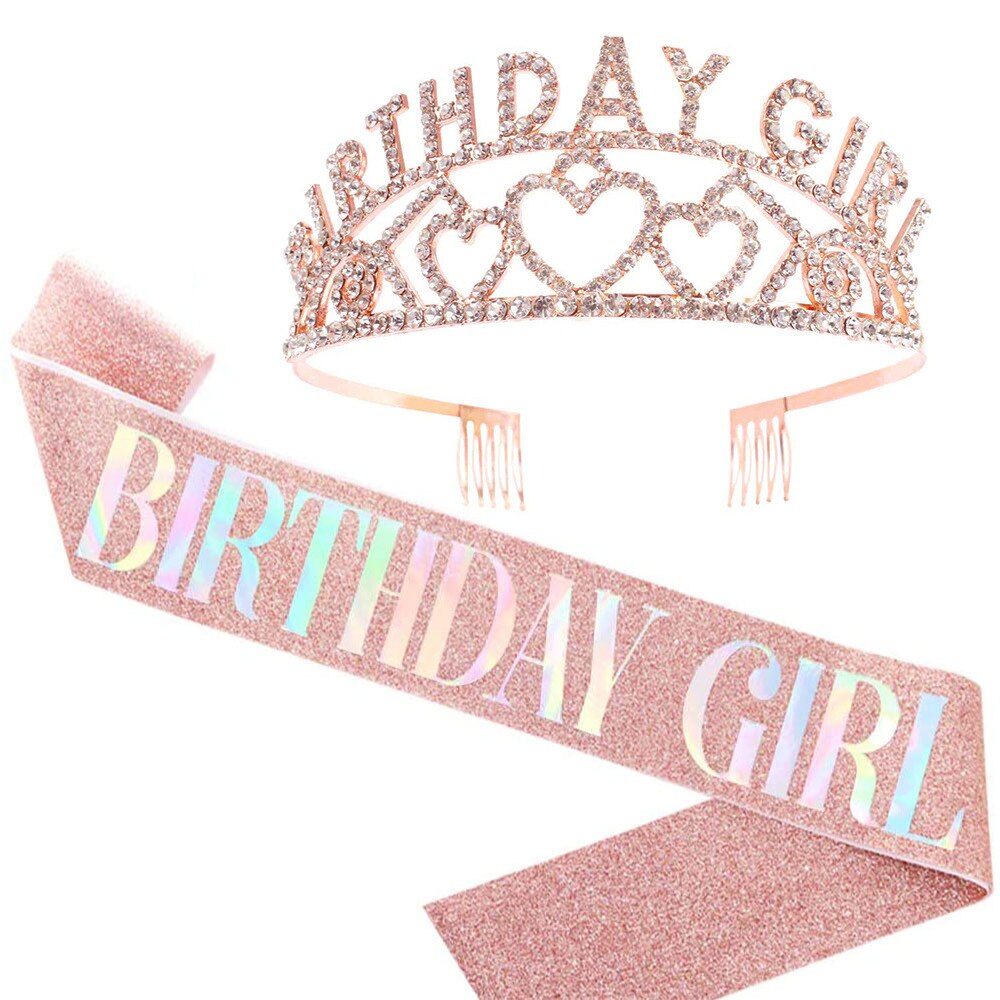 Girls Happy Birthday Party Gifts Birthday Girl Rhinestone Diamond Crown Shoulder Strap Glitter Etiquette Strap Set PartyDecorHQ