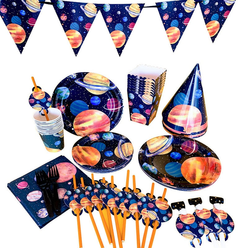 Starry Sky Birthday Party Decoration Supplies Disposable Tableware Paper Plate Cup Popcorn Box Set Pennant Banner 