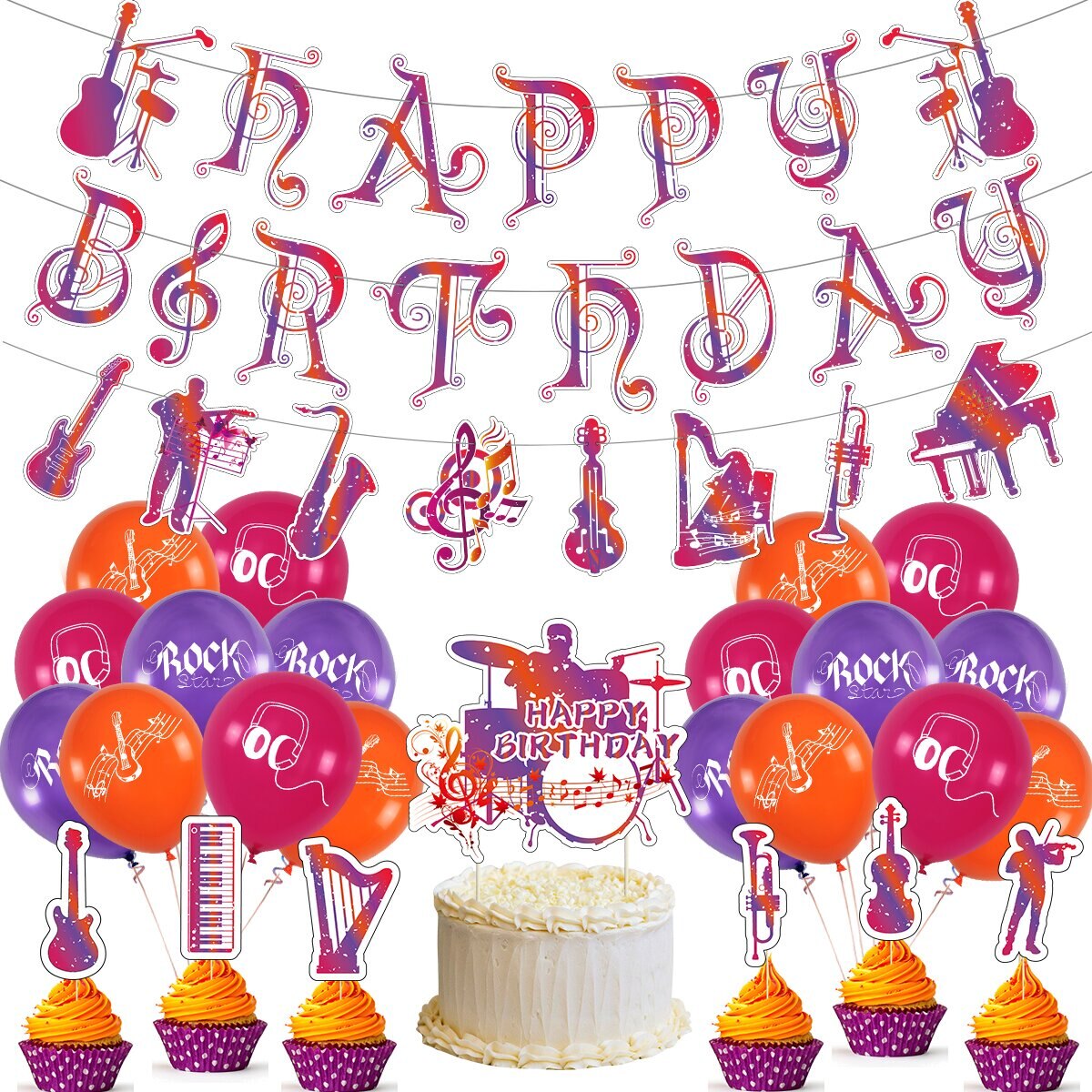 Concert Themed Birthday Party Decoration Music Balloons Set Letter Banner Guitar Violin Cake Toppers Supplies Inflatable Decorations