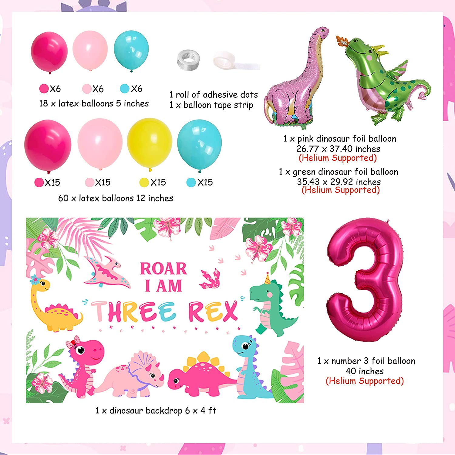 Pink Dinosaur Theme Party Supplies Balloon Garland Arch Kit I Am Three Backdrop for 3rd Birthday Party Decorations PartyDecorHQ