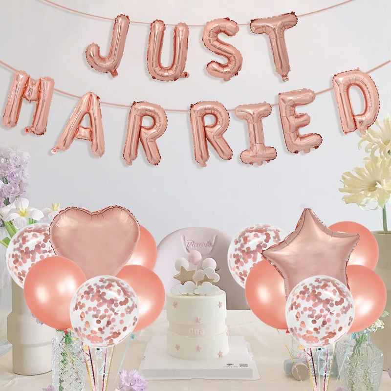 1set Rose Gold JUST MARRIED Aluminum Foil Balloon for Wedding Decoration Confetti Latex Round Balloon For Wedding Party Supplies PartyDecorHQ