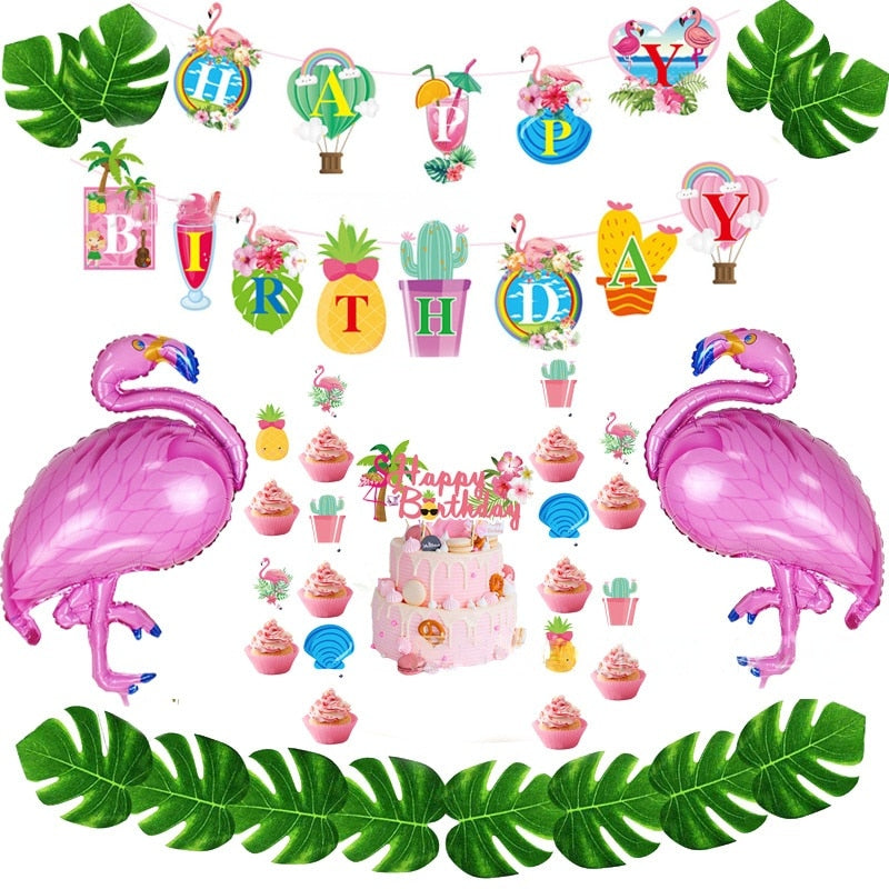 Hawaii Theme Party Decoration Banner Flamingo Foil Balloon Cake Toppers Girl Birthday Baby Shower Supplies 