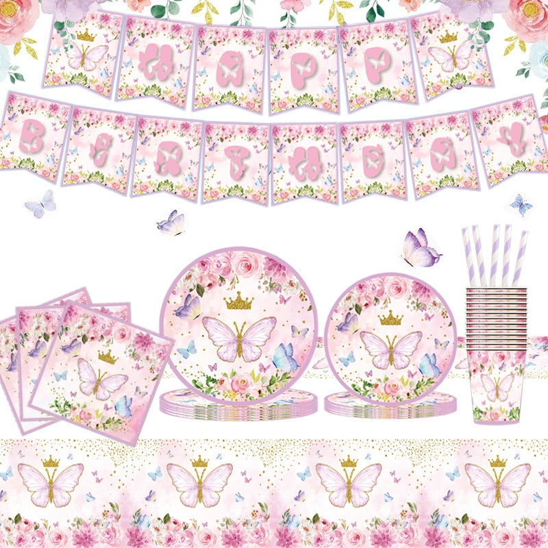 New Butterfly Pink Disposable Tableware Paper Cup Napkin Happy Birthday Wedding Party Decoration Baby Shower Festival Supplies 