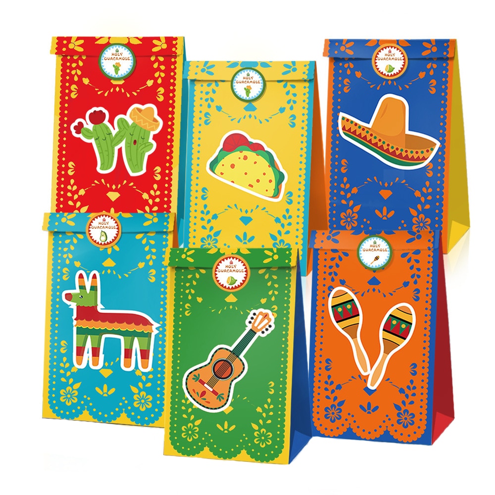 Mexico Carnival Theme Gift Candy Kraft Paper Bag Biscuit Dessert Packaging Box Cactus Sticker Festival Party Supplies 