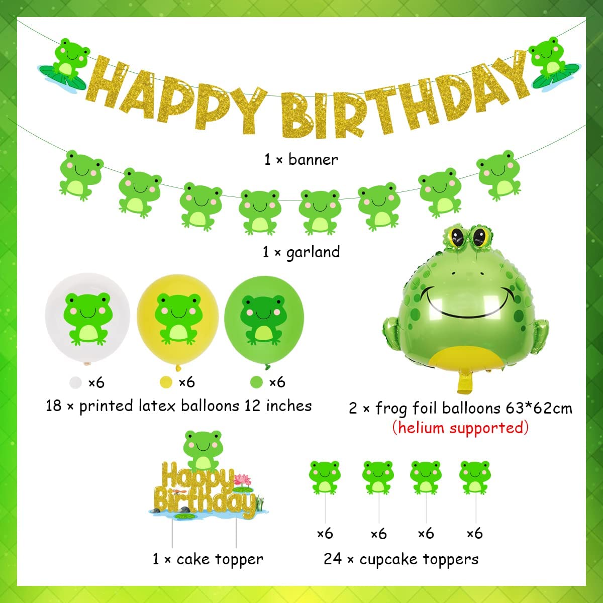 Frog Birthday Party Decorations Supplies Happy Birthday Banner Cake Toppers Latex Balloon for Birthday Party Supplies PartyDecorHQ