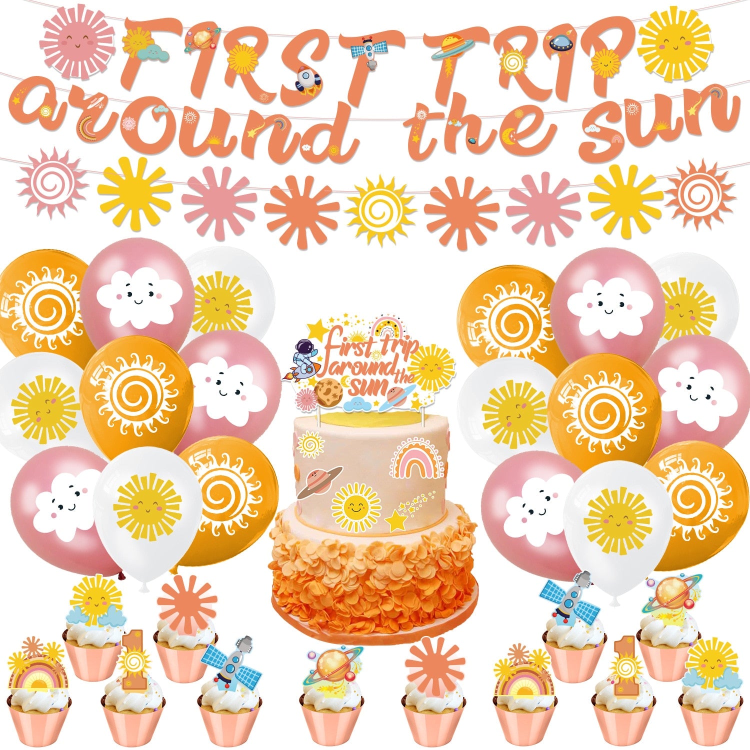 Boho First Trip Around Sun Theme st Birthday Party Decoration Bohemian Rainbow Balloons Set Banner Cake Topper 