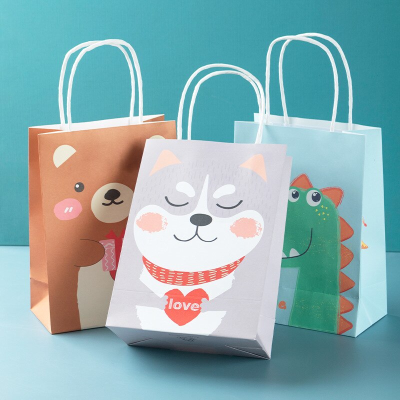 pcs Cartoon Animals Paper Tote Bag Lion Tiger Dinosaur Gifts Packing Shopping Bags Kids Birthday Anniversary Baby Shower Decor 