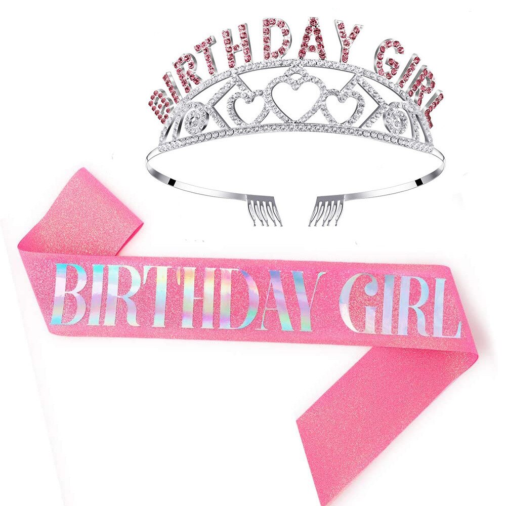 Girls Happy Birthday Party Gifts Birthday Girl Rhinestone Diamond Crown Shoulder Strap Glitter Etiquette Strap Set PartyDecorHQ