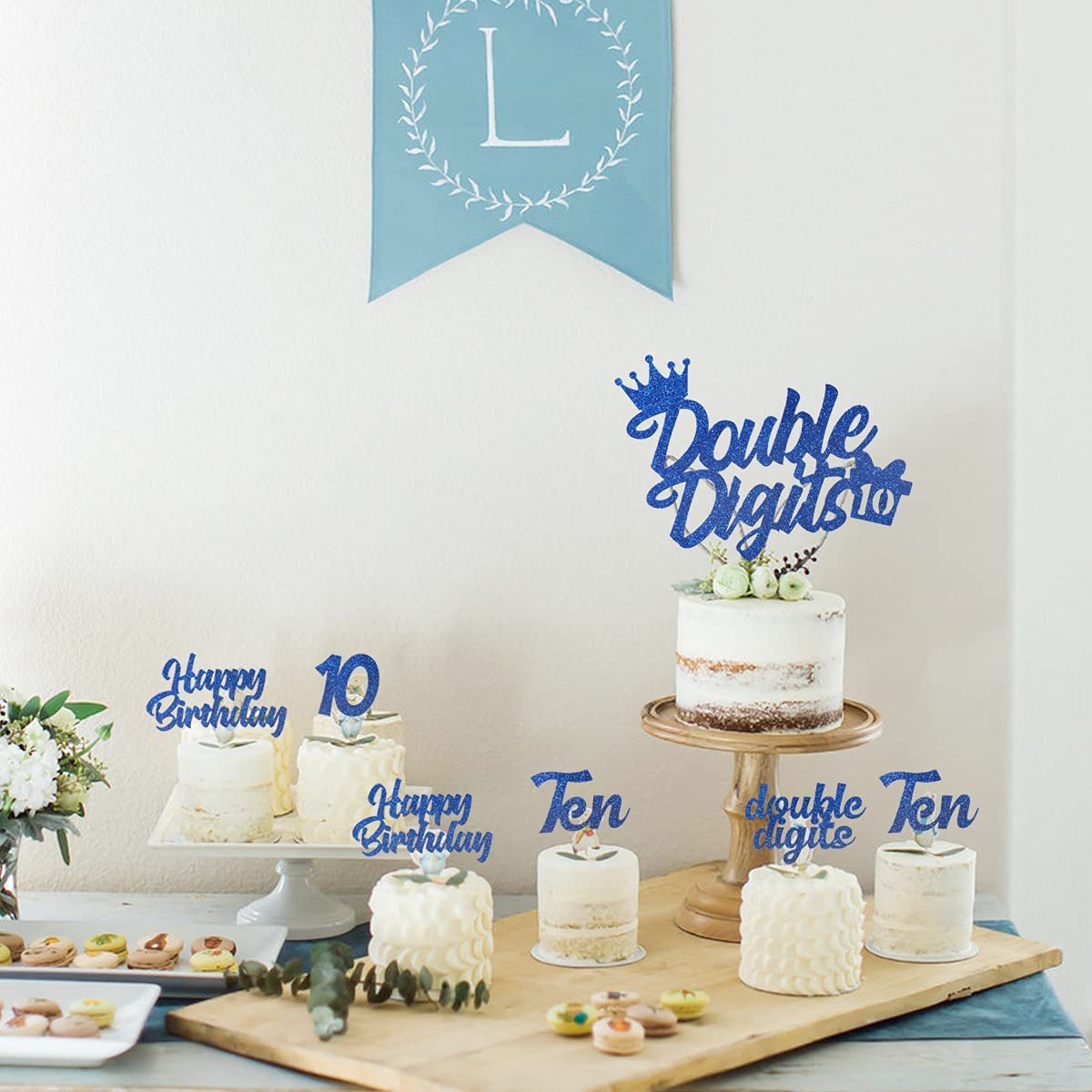 Blue Party Decorations Double Digits Happy Birthday Cake & Cupcake Topper for Boys 10th Birthday Party Supplies PartyDecorHQ