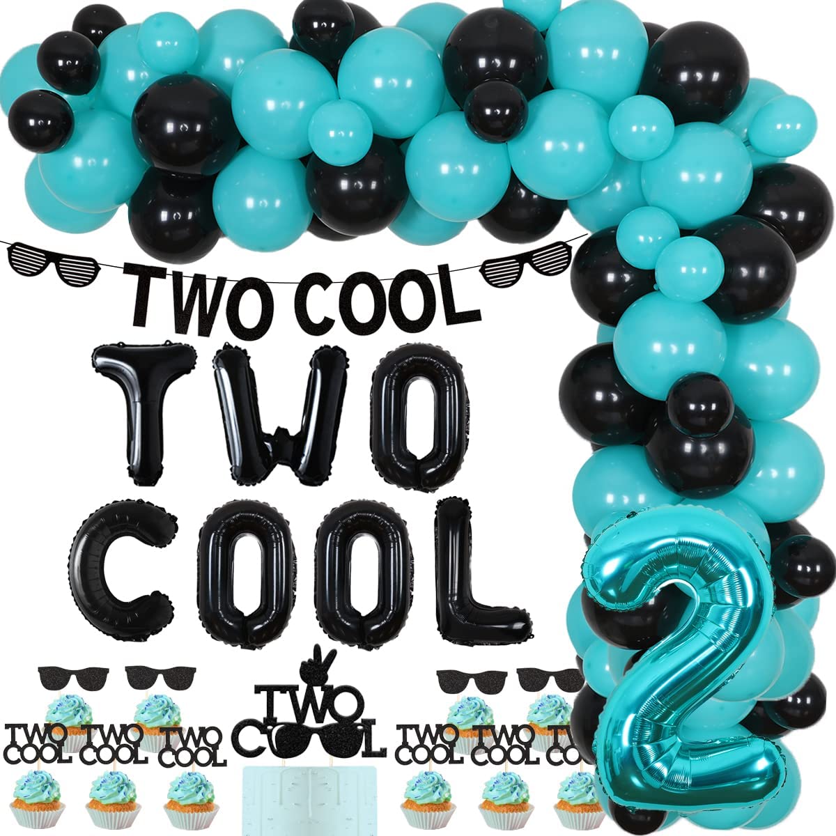 nd Birthday Party Decorations Two Cool Sunglasses Banner Balloon Arch Kit Cake Cupcake Toppers Supplies 