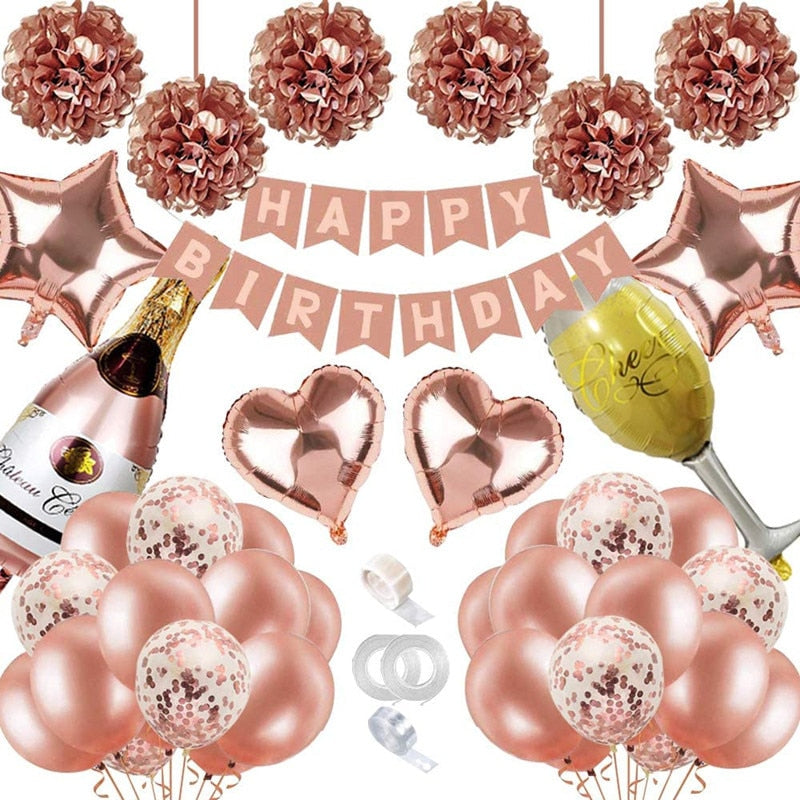 Rose Gold Party Decoration Happy Birthday Banner Heart Star Champagne Foil Balloon for Girls Birthday Party Supplies PartyDecorHQ