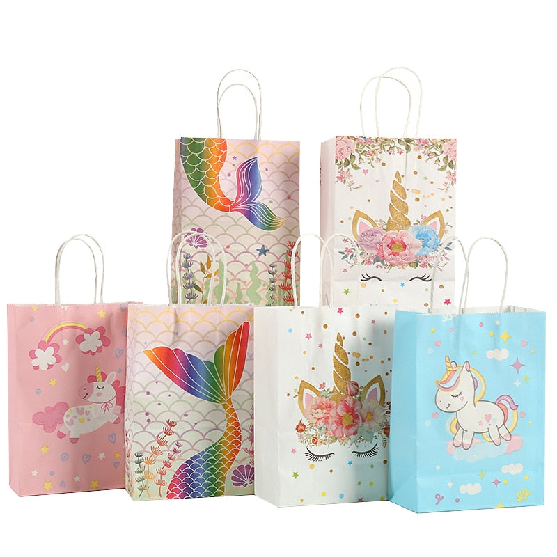 pcs Unicorn Mermaid Tote Bags Kraft Paper Bag Kids Birthday Decoration Baby Shower Wedding Party Guests Gifts Packaging 