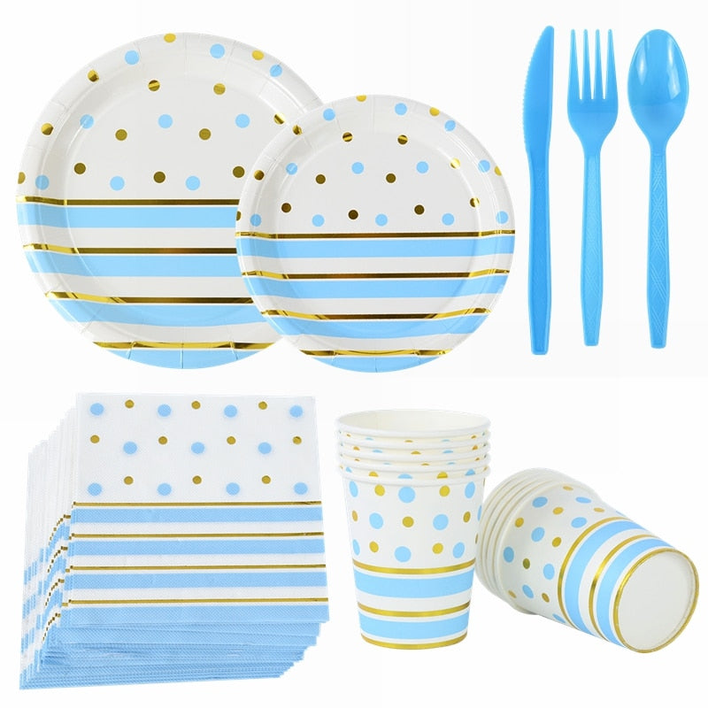 Blue Gold Dot Stripe Disposable Tableware Set Birthday Paper Plate Cup Napkin Wedding Party DIY Decorations Baby Shower Supplies 