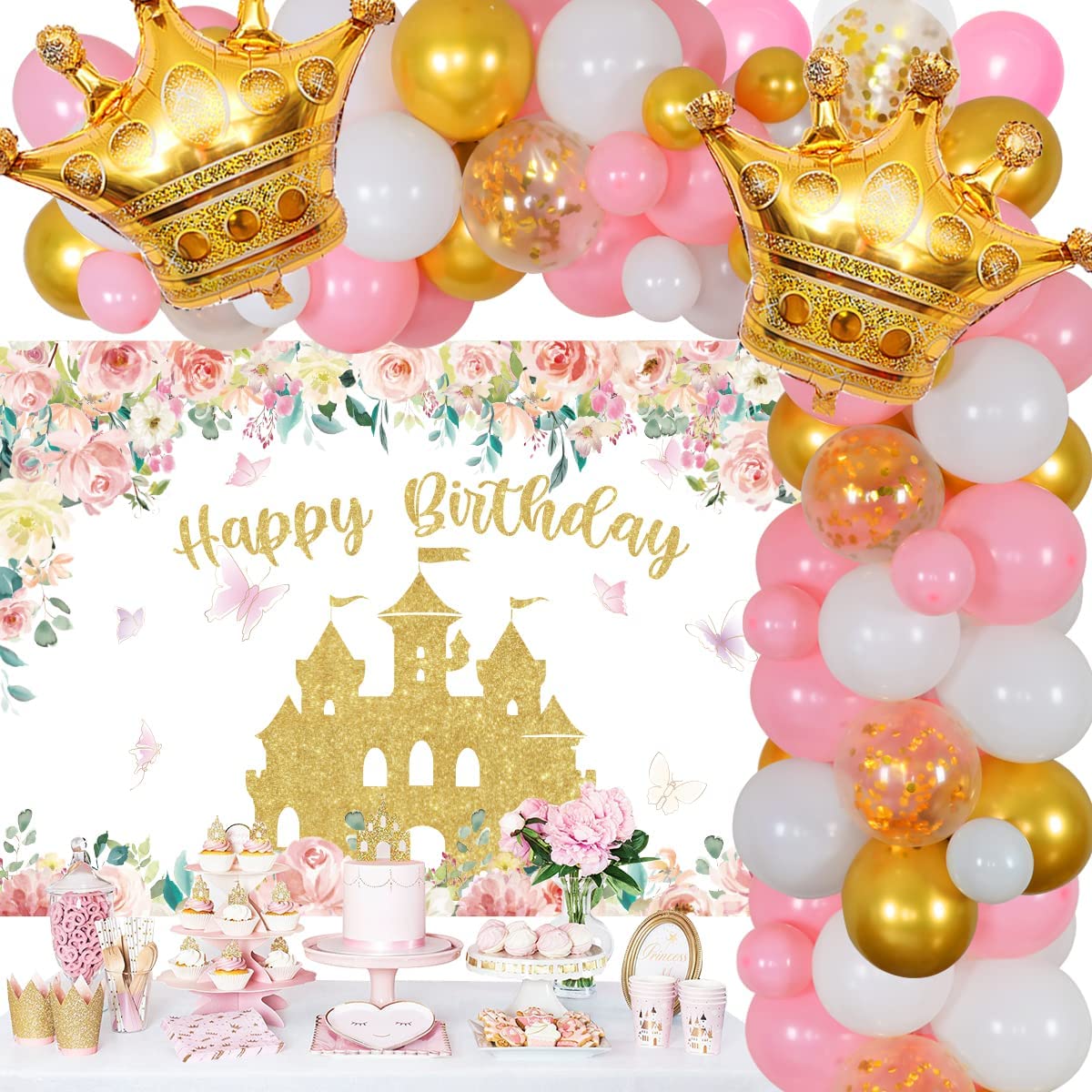 Princess Pink Gold Balloon Garland Kit Happy Birthday Backdrop Crown Foil Balloons Girl Party Decoration Inflatable Decorations