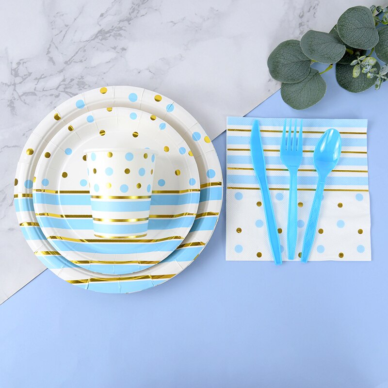 Blue Gold Dot Stripe Disposable Tableware Set Birthday Paper Plate Cup Napkin Wedding Party DIY Decorations Baby Shower Supplies 