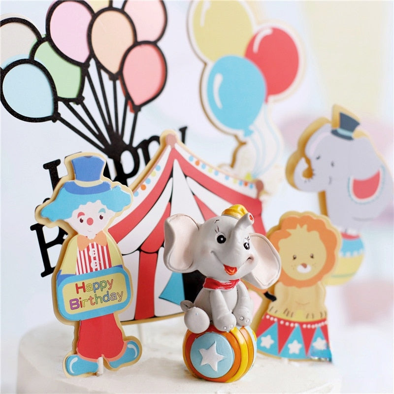 Circus Monkey Clown Elephant Clay Cake Decoration Hollow Star Ball Happy Birthday Cake Topper for Boy Girl Baking Supplies Gifts PartyDecorHQ