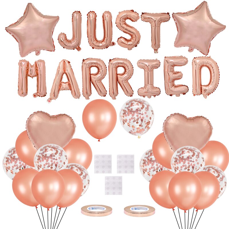 1set Rose Gold JUST MARRIED Aluminum Foil Balloon for Wedding Decoration Confetti Latex Round Balloon For Wedding Party Supplies PartyDecorHQ