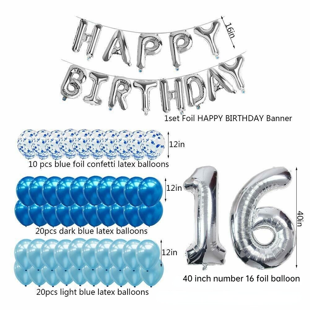 Sliver Party Decoration Blue Happy Birthday Foil Confetti Balloon Set Banner for Boy 16th Birthday Party Supplies PartyDecorHQ