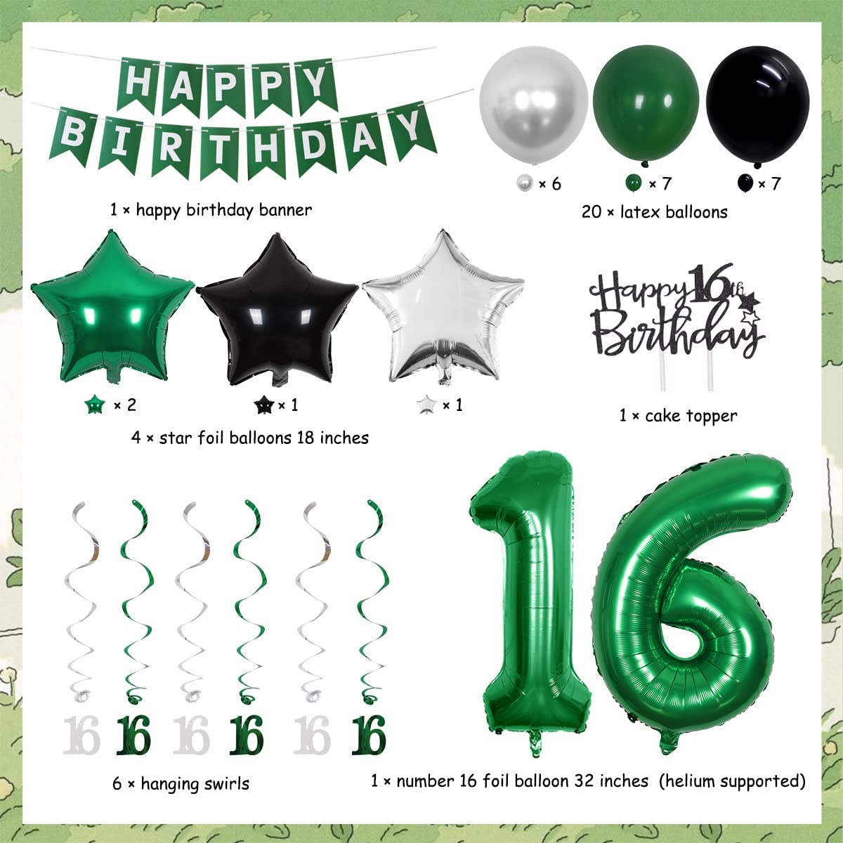 16th Birthday Party Decoration Green Balloon Hanging Swirls Banner Cake Topper 16 Year Old Birthday Party Supplies PartyDecorHQ