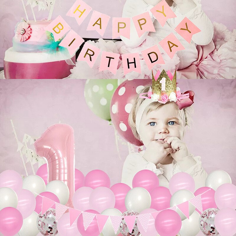 Pink Theme Party Decoration Happy Birthday Banner Confetti Balloons Set Crown Tassel st Supplies 