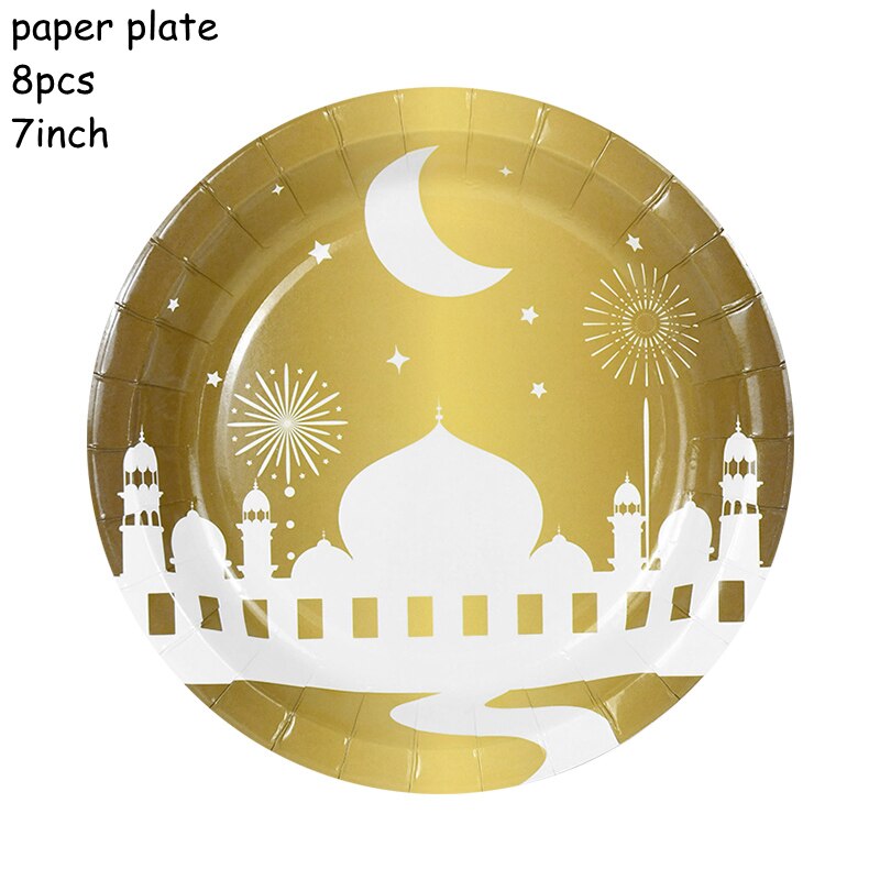 Eid Mubarak Disposable Tableware Gold Black Paper Plate Cup Napkin Ramadan Decoration Islamic Muslim Party Supplies 